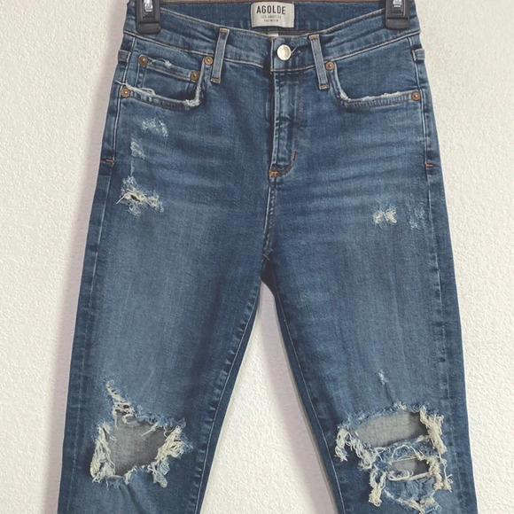 AGOLDE Sophie High Rise Skinny Crop Medium Wash Distressed Ripped Knees Size 26 - Picture 3 of 11